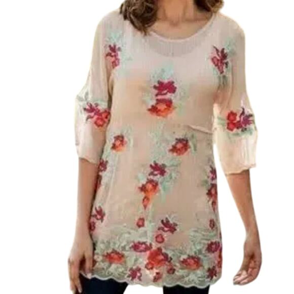Soft Surroundings Mariella Boho Floral Embroider Silk Tunic Pink Blouse Sz 2X GS - Picture 1 of 8